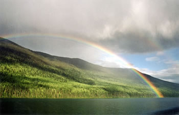 Image: rainbow over Bowron Lake, B.C.