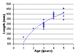 FIGURE 4. Age vs. length of brook trout sampled in Bow Lake, August 12, 1999.