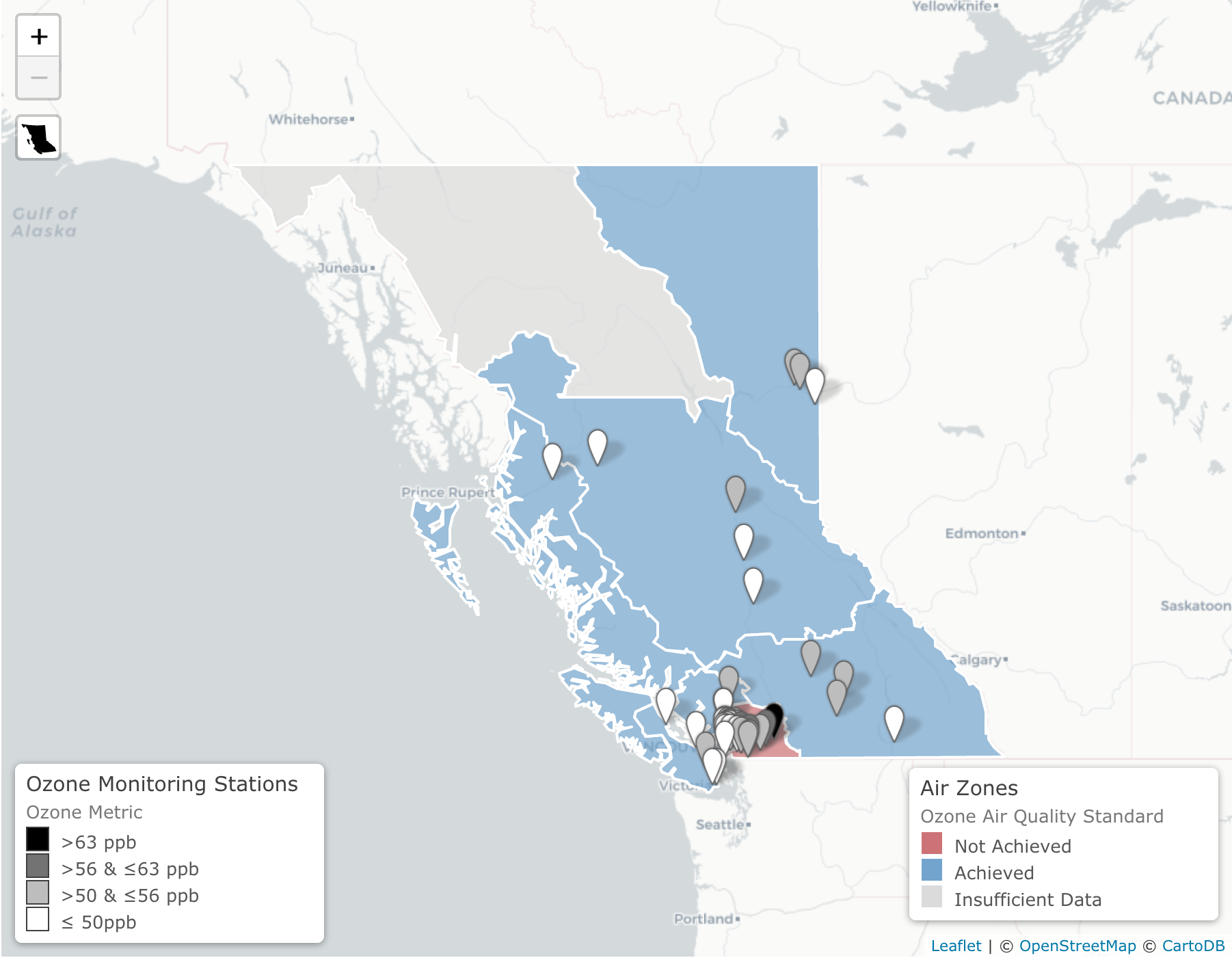Image of interactive map of air quality monitoring stations and air zones that meet or exceed Canadian Ambient Air Quality Standards for ground-level ozone.