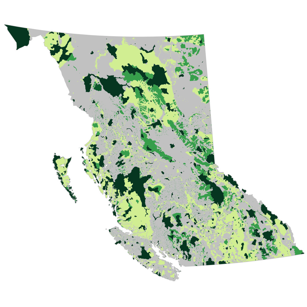 Map showing the spatial distribution of three categories of land designations that contribute to conservation in British Columbia.