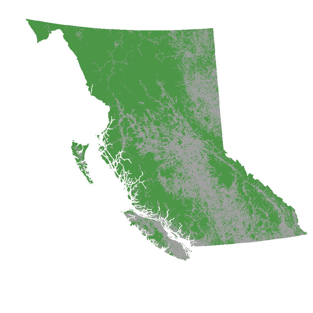 Map showing the amount of roaded and not roaded area in British Columbia.