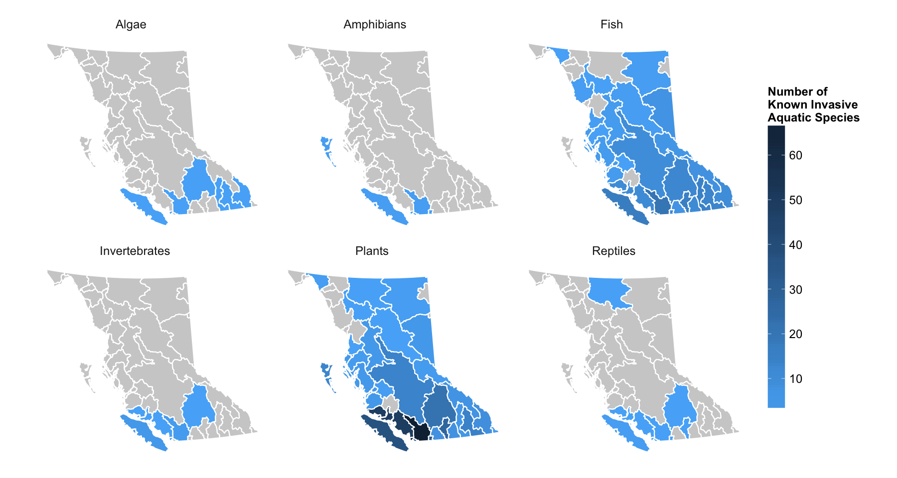 Maps showing the number and distribution of aquatic invasives species by species group in B.C.