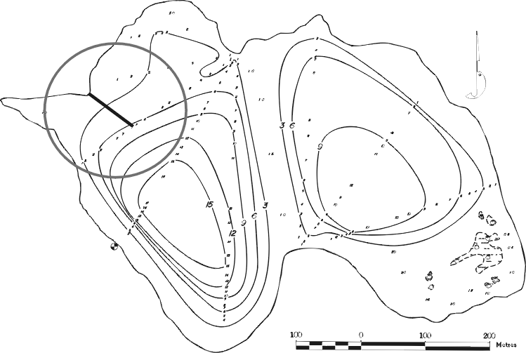 <b>FIGURE 1. Location of Bow Lake gill net set, August 11-12, 1999.</b>