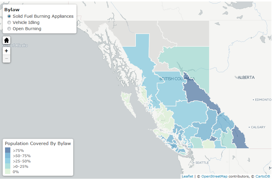 Image of interactive map showing the proportion of the British Columbia population covered by three air quality bylaws by regional district.