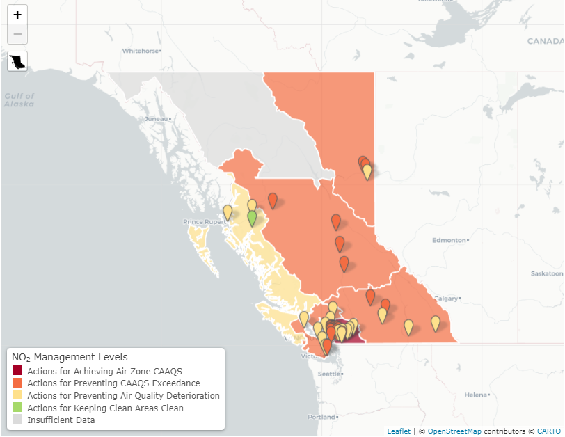 Image of interactive map of air quality monitoring stations and air zones that meet or exceed Canadian Ambient Air Quality Standards for nitrogen dioxide.
