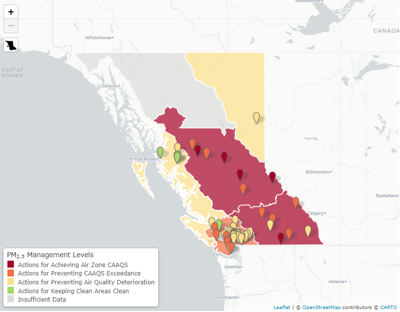 Image of interactive map of air quality monitoring stations and air zones that meet or exceed Canadian Ambient Air Quality Standards for fine particulate matter.