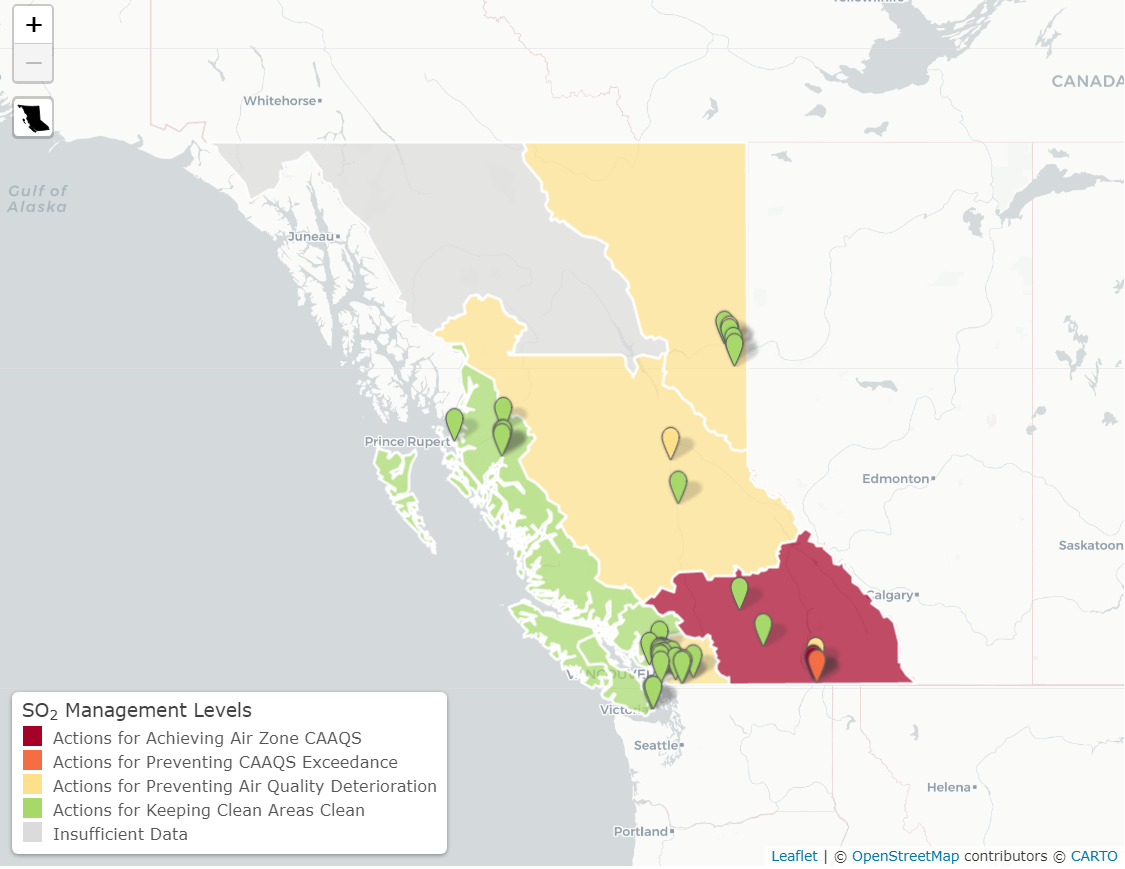 Image of interactive map of air quality monitoring stations and air zones that meet or exceed Canadian Ambient Air Quality Standards for sulphur dioxide.