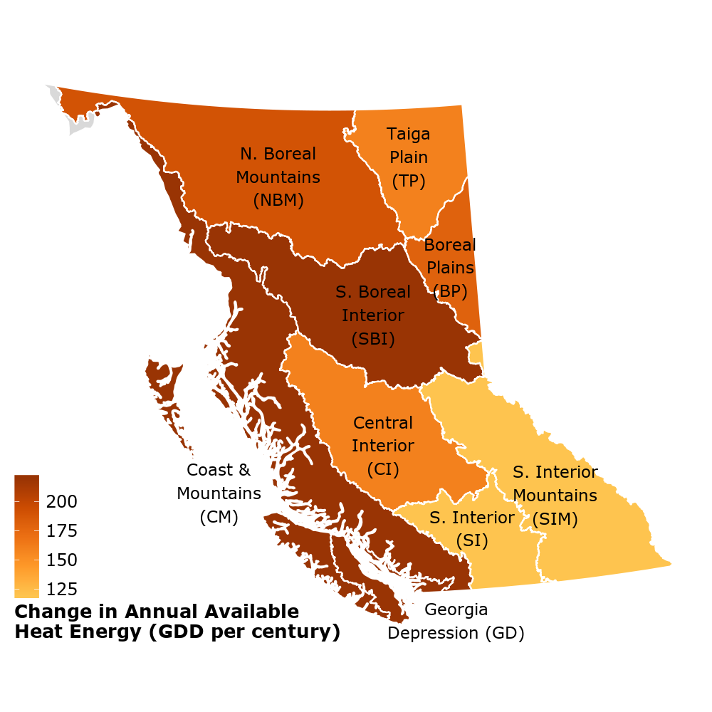 Map showing change in annual available heat energy among British Columbia's nine terrestrial ecoprovinces.