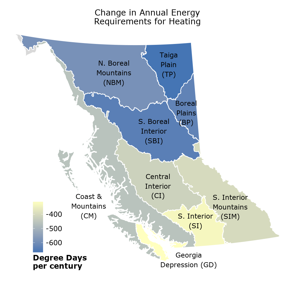 Map showing change in annual available heat energy among British Columbia's nine terrestrial ecoprovinces.