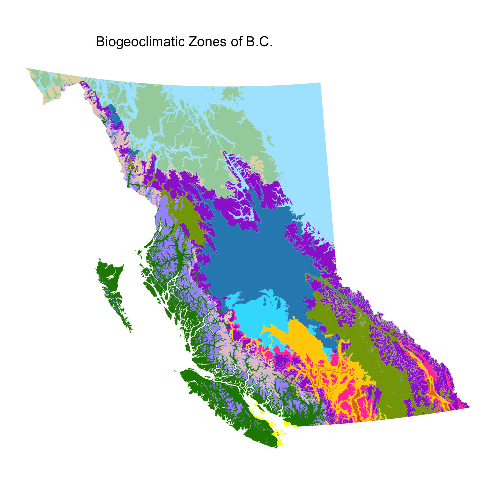 Map showing the biogeoclimatic ecosystem zones of British Columbia.