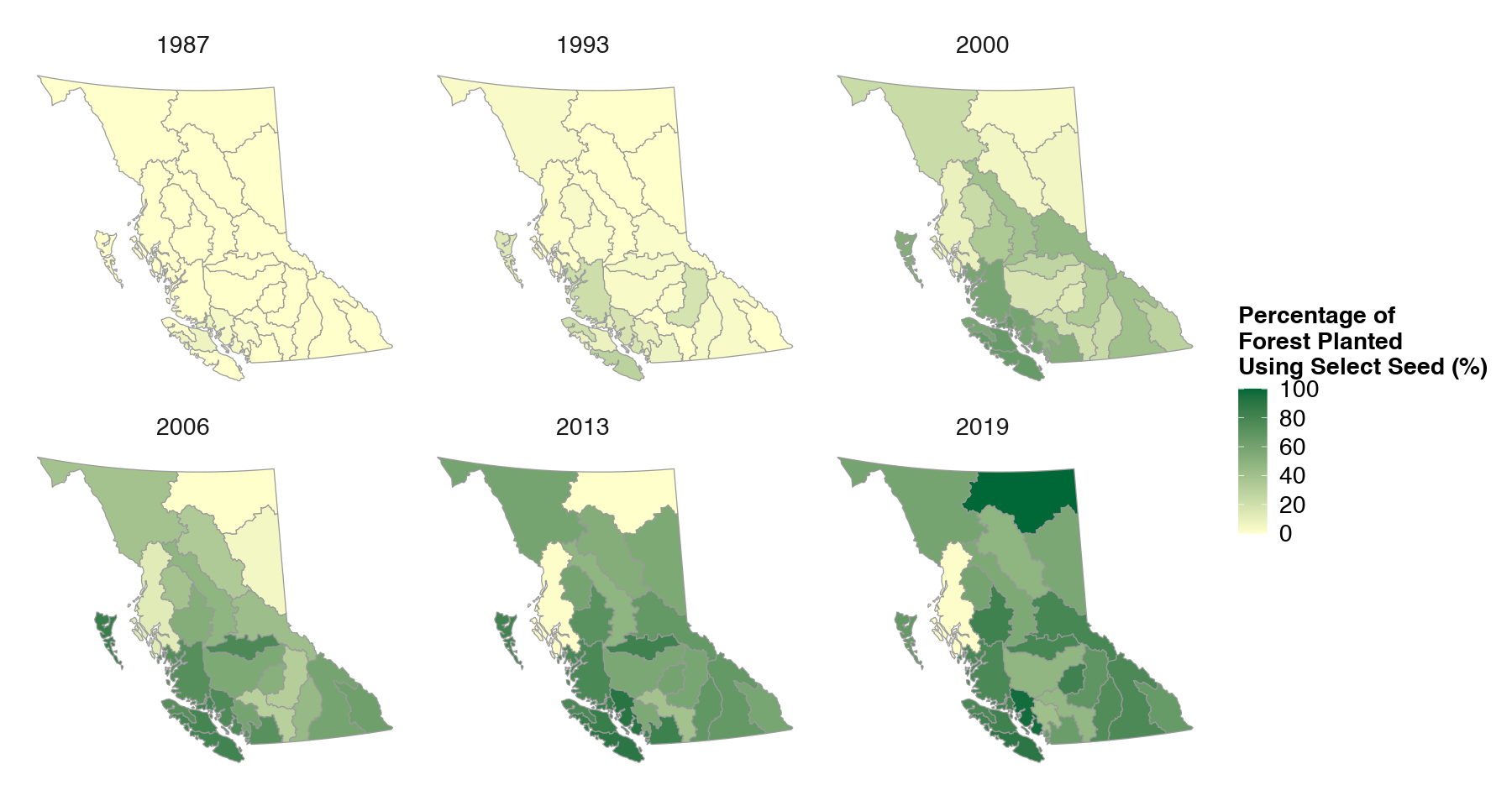 A series of maps showing the percentage of forest replanted using select seed in each Natural Resource Forest District in British Columbia from 1990 to 2019.