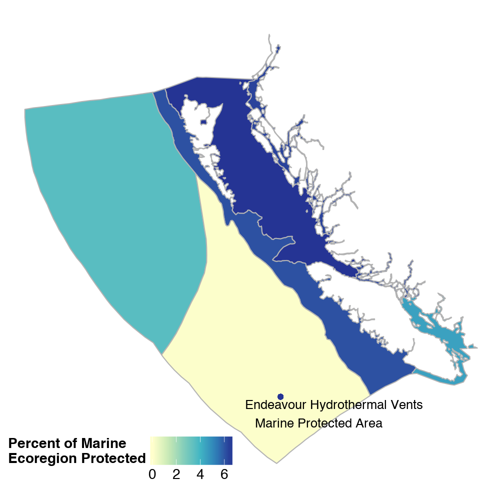 Map showing the amount of marine protection by marine ecozones in British Columbia.