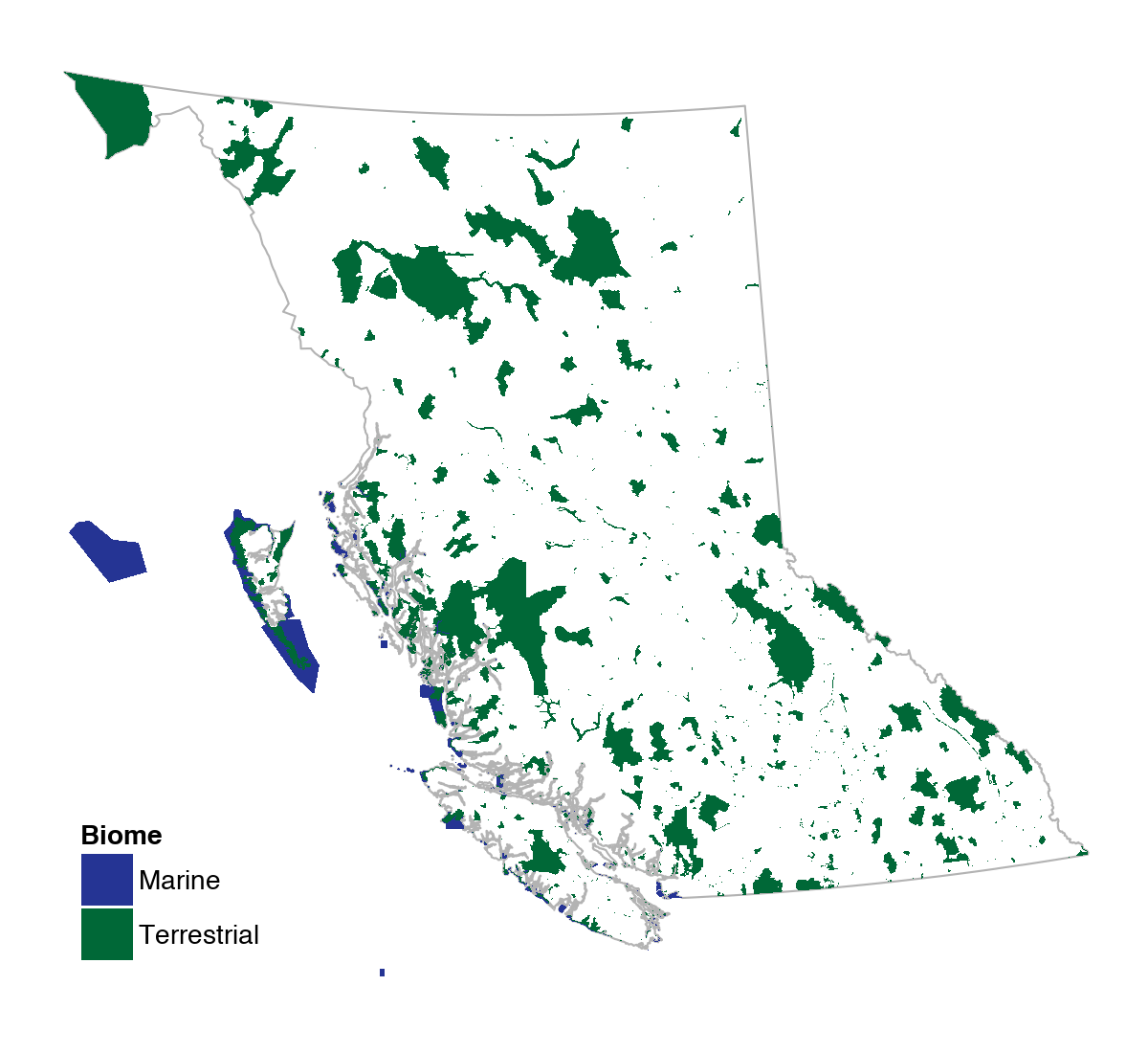 Map showing the protected lands and waters in British Columbia.