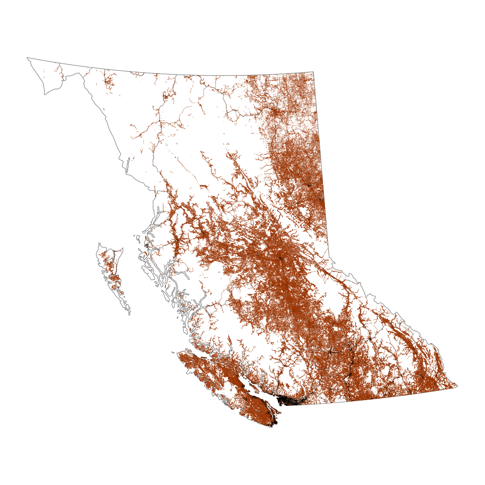 Map showing the total length of roads in three categories—gravel, paved and unknown—in British Columbia.