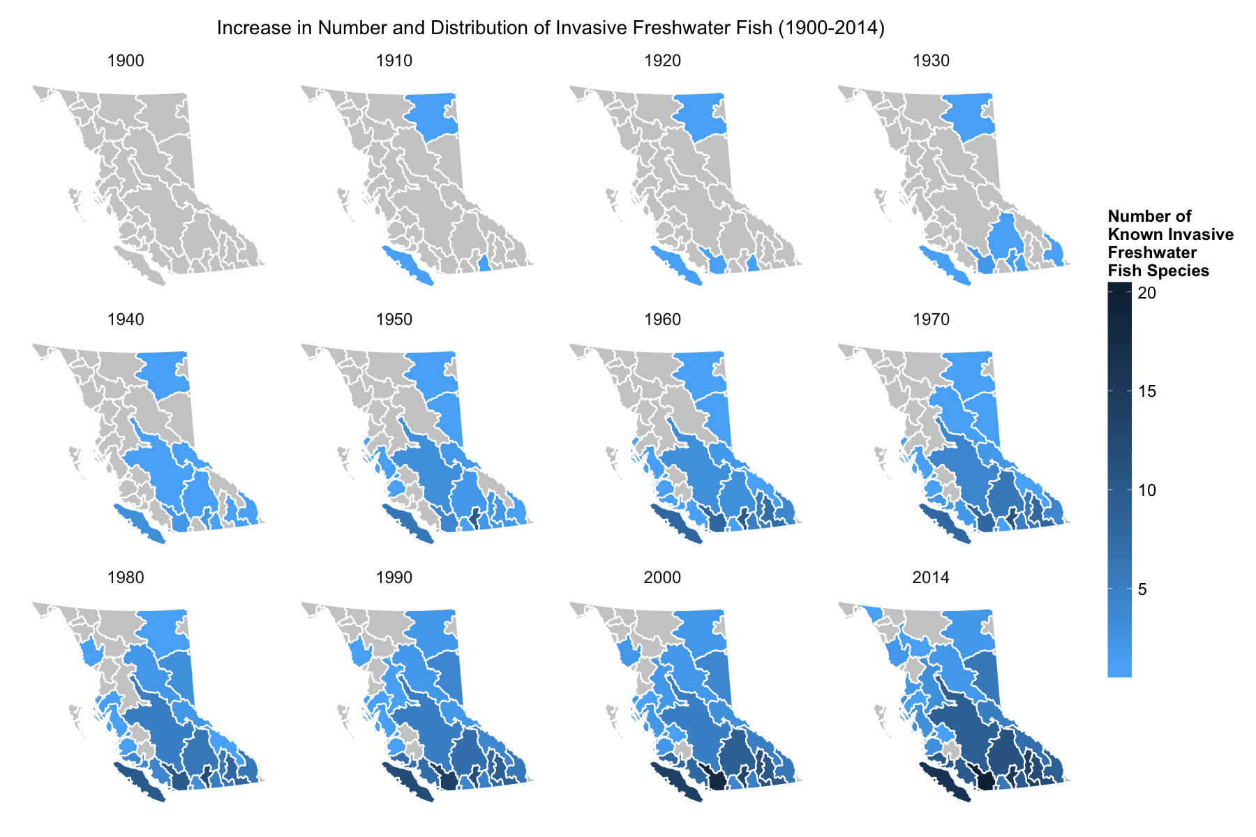 Maps showing the increase in number and distribution of invasive freshwater fish by ecological drainage units in B.C.
